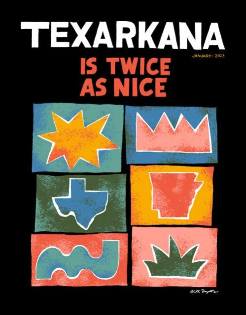 Whimsical illustrated graphic art for Texarkana showcasing colorful map shapes, star, crown, and plant shapes on a black background.