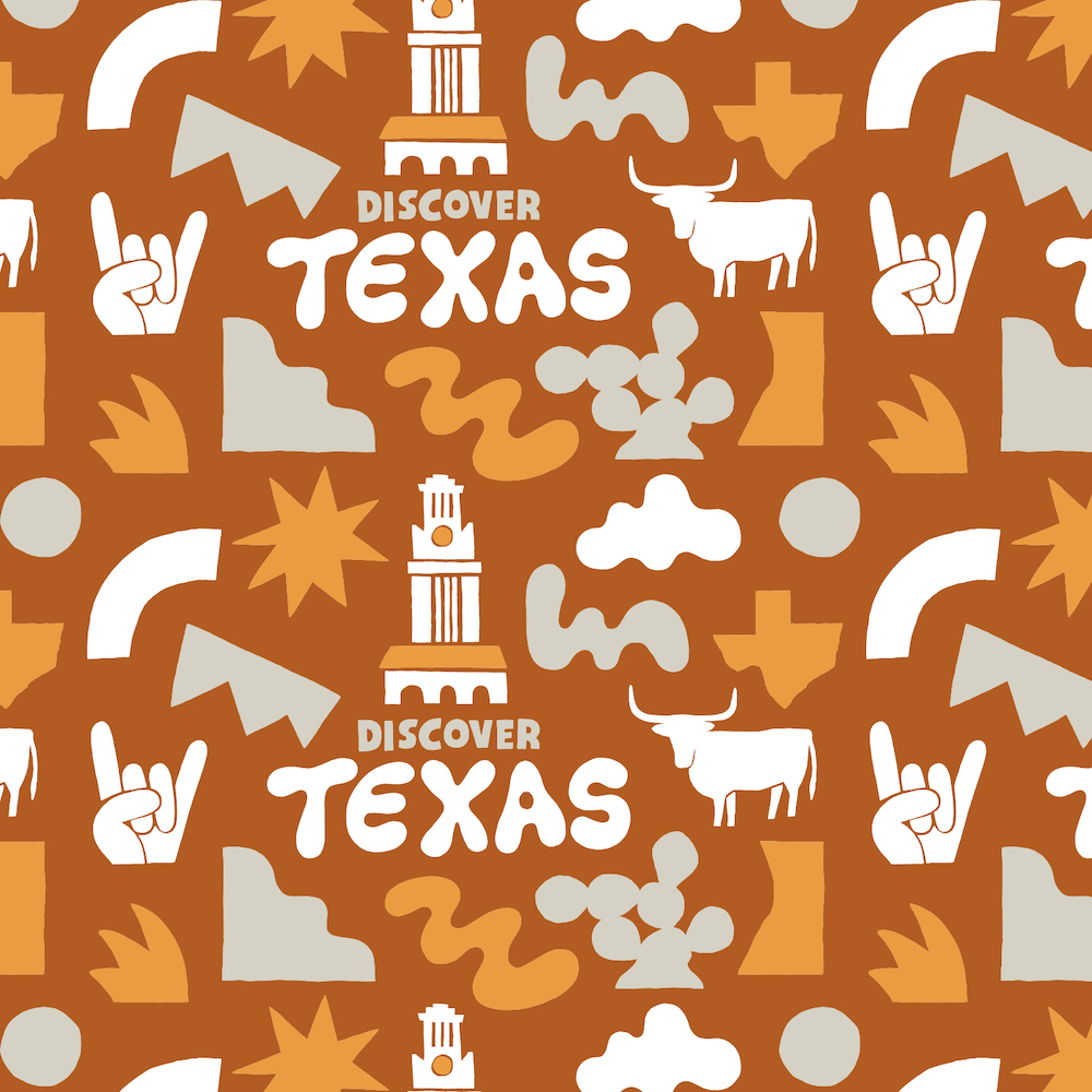 Patterned image with Texas themes: the state, a steer, a tower, a rock-on hand gesture, and the words, "Discover Texas" on an orange background.