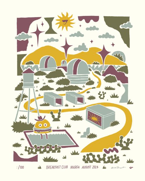 Whimsical illustration of a desert landscape with observatory domes, cacti, and a hamburger character in a pool; a print edition.