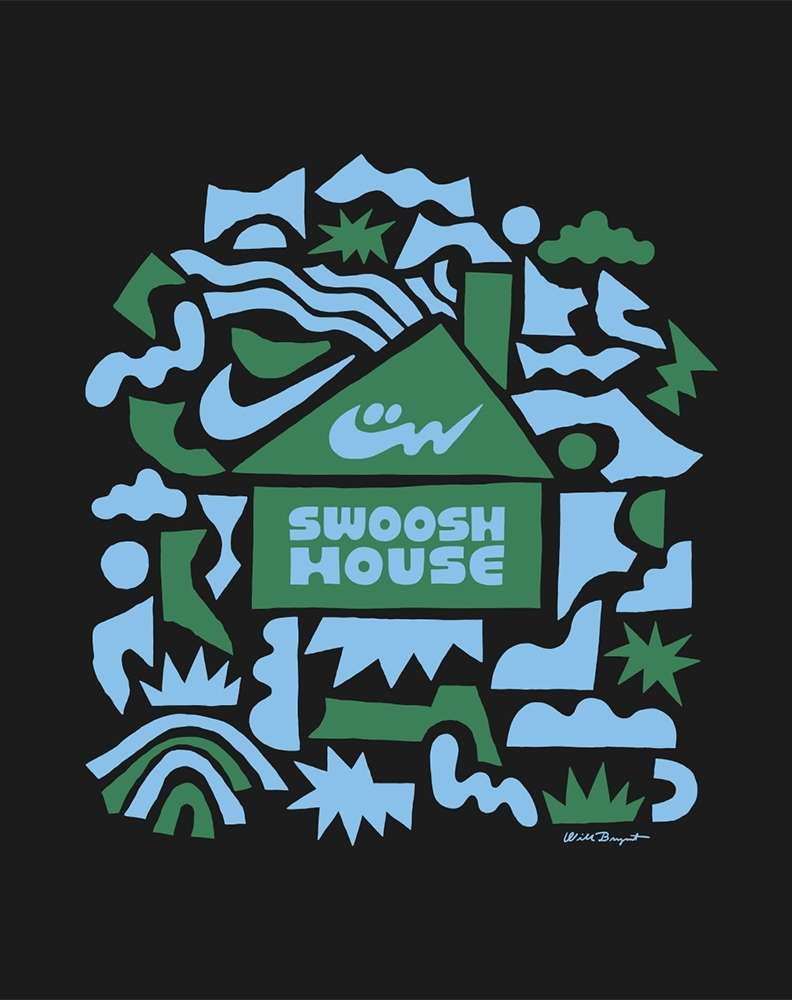 Abstract green and blue illustration on a black background featuring a house with a Nike swoosh logo, clouds, and geometric shapes.