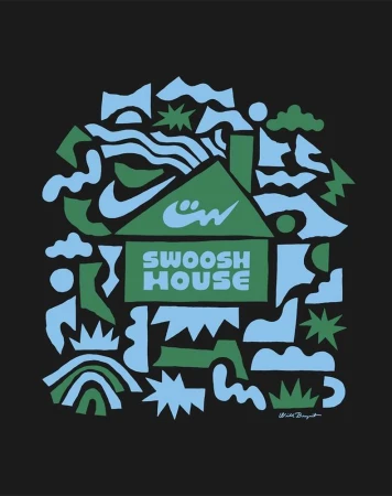 Abstract green and blue illustration on a black background featuring a house with a Nike swoosh logo, clouds, and geometric shapes.