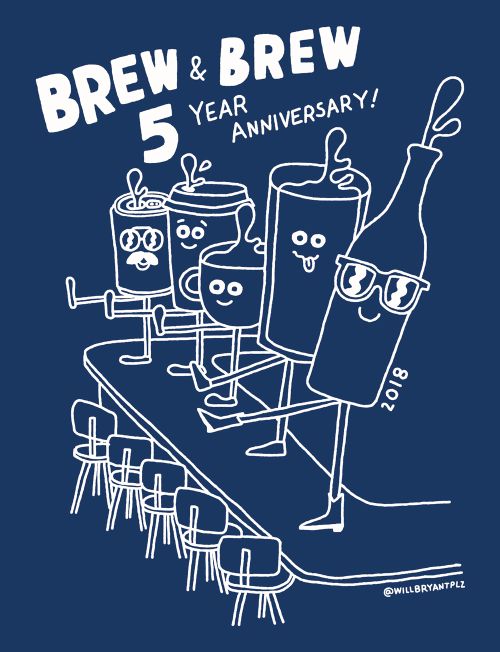 Brew & Brew 5 Year Anniversary graphic illustration of coffee cups and a bottle wearing glasses at a bar with stools.