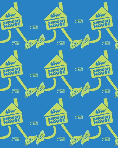 Cartoon style repeating pattern design with house shapes, sneakers, and text, featuring the words Swoosh House and Austin 2023 on a blue background.