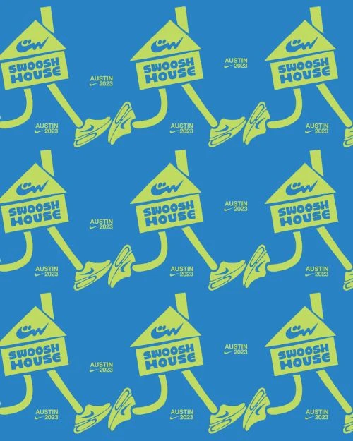 Cartoon style repeating pattern design with house shapes, sneakers, and text, featuring the words Swoosh House and Austin 2023 on a blue background.
