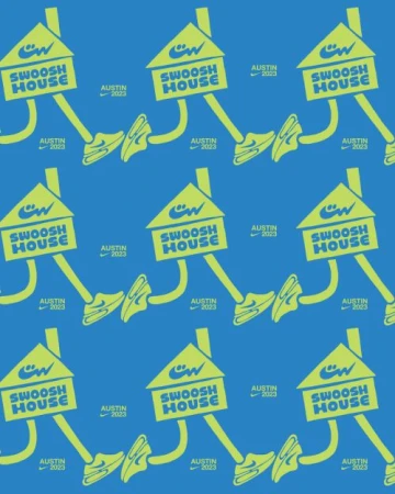 Cartoon style repeating pattern design with house shapes, sneakers, and text, featuring the words Swoosh House and Austin 2023 on a blue background.