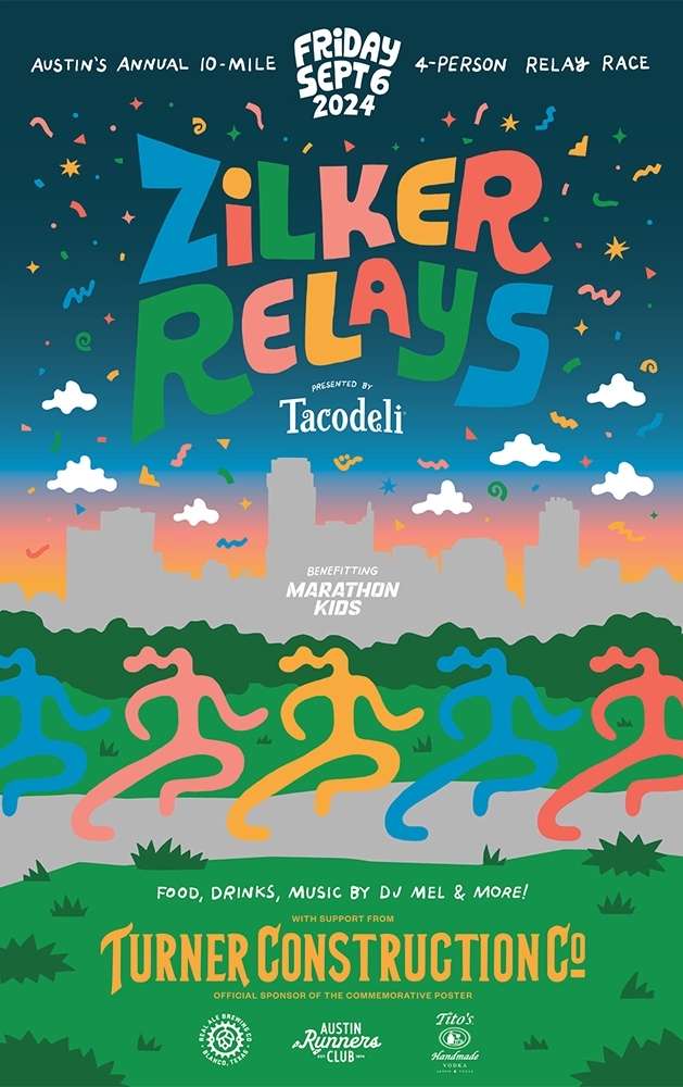 Illustrated poster for the Zilker Relays race in Austin, Texas, featuring stylized runners, city skyline, and event information.