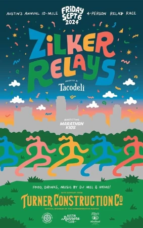 Illustrated poster for the Zilker Relays race in Austin, Texas, featuring stylized runners, city skyline, and event information.