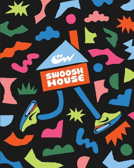 Nike Swoosh House illustration on black background with colorful abstract shapes, featuring athletic shoes and house-like structure.