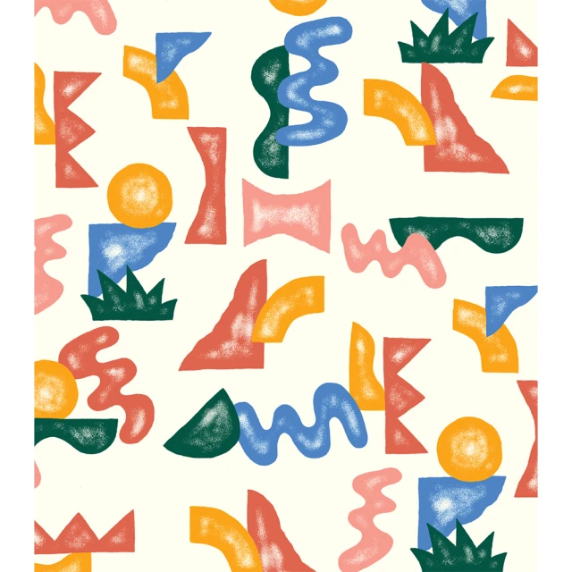 Abstract art featuring geometric shapes in blue, green, orange, pink, and red, creating a playful and colorful pattern on a white background.