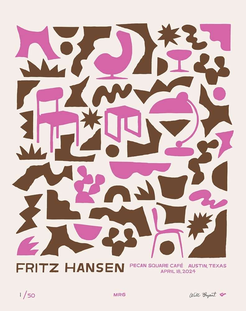 Abstract graphic art piece featuring assorted furniture shapes and design elements in pink and brown on an off-white background.