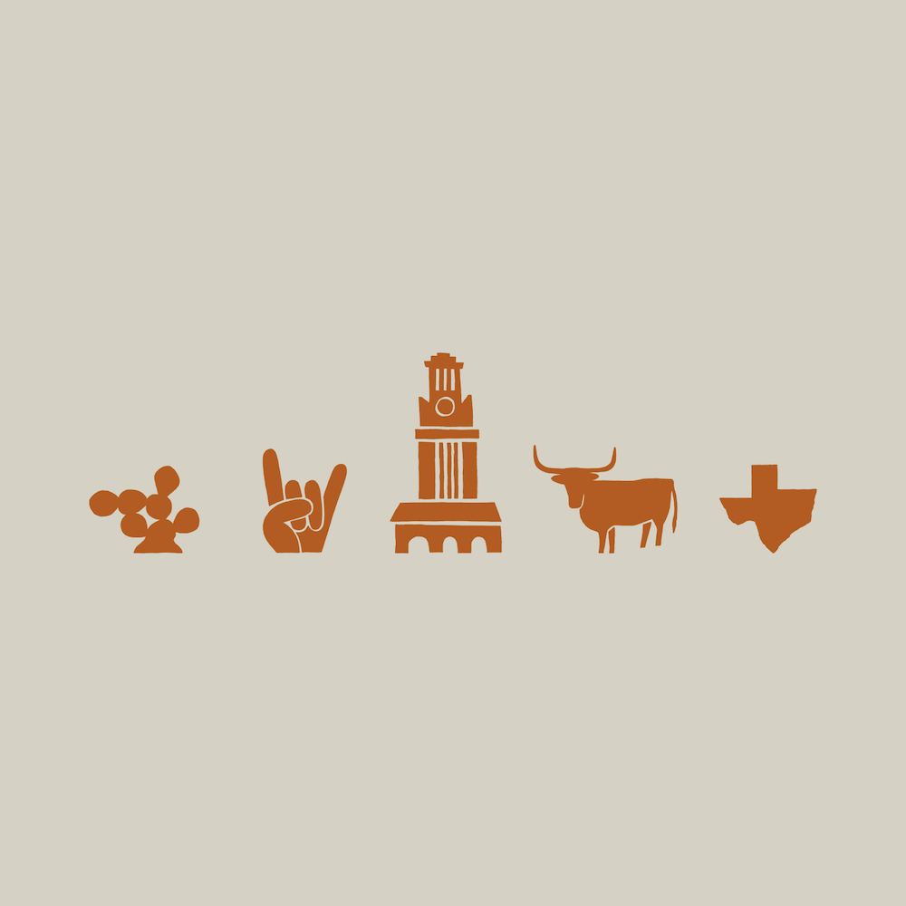 Illustration of Texas symbols on a beige background: cactus, hand gesture, tower, longhorn, and Texas state outline.