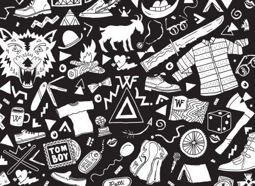 Black and white illustration of various objects, including shoes, a knife, a tiger, a goat, camping equipment, and clothing.