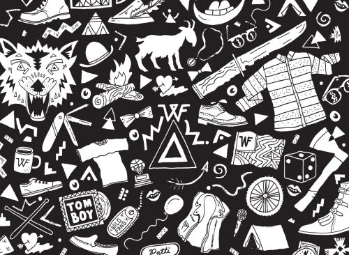 Black and white illustration of various objects, including shoes, a knife, a tiger, a goat, camping equipment, and clothing.