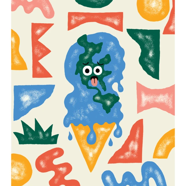 Illustration of planet Earth depicted as melting ice cream with a distressed expression surrounded by colorful geometric shapes.