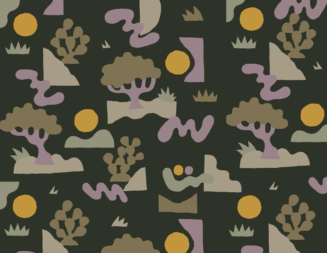 Abstract pattern with trees, suns, cacti, and decorative shapes on a dark green background, creating a playful and colorful design.