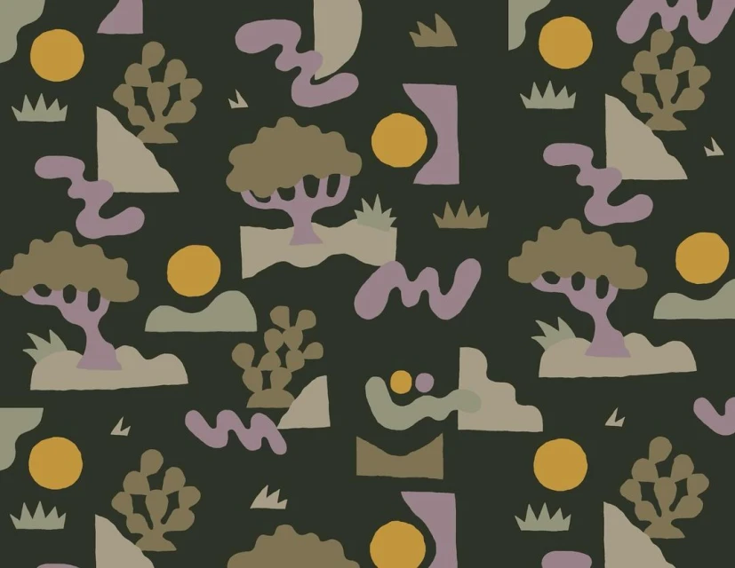 Abstract pattern with trees, suns, cacti, and decorative shapes on a dark green background, creating a playful and colorful design.