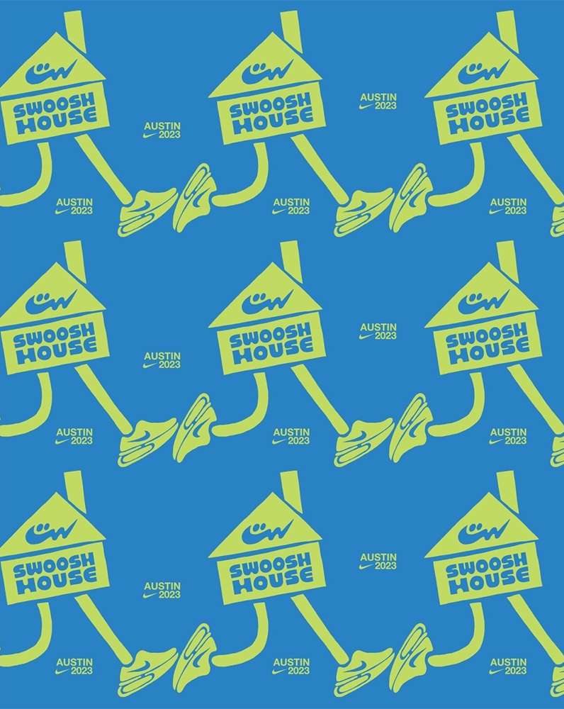 Patterned background featuring house-shaped logos, each bearing "Swoosh House," along with pairs of athletic shoes, set against a blue backdrop.