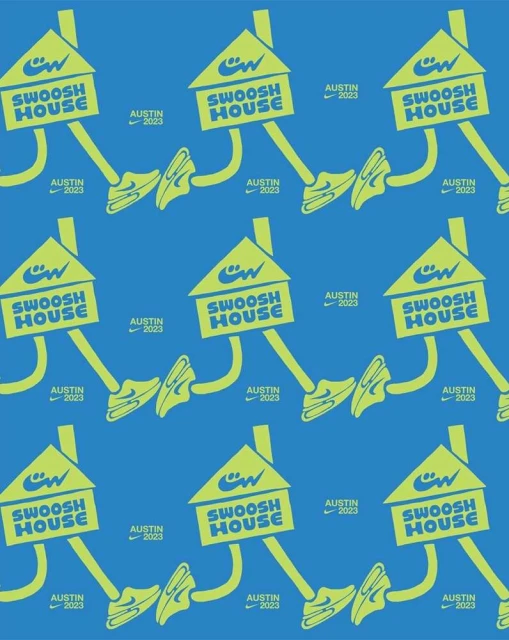 Patterned background featuring house-shaped logos, each bearing "Swoosh House," along with pairs of athletic shoes, set against a blue backdrop.