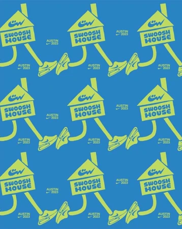 Patterned background featuring house-shaped logos, each bearing "Swoosh House," along with pairs of athletic shoes, set against a blue backdrop.