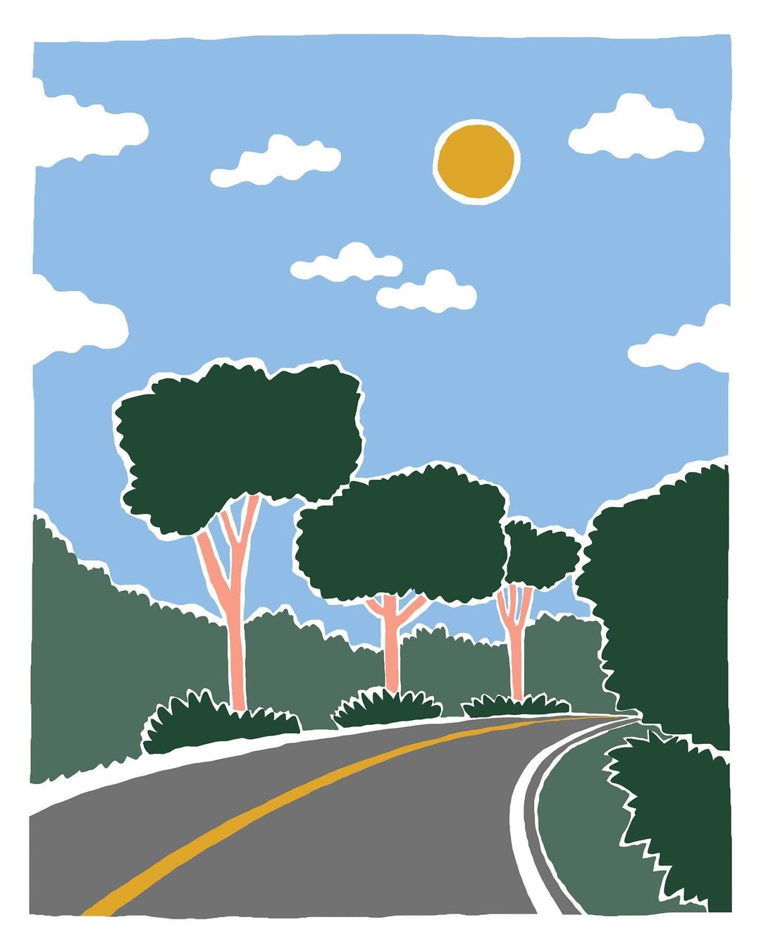 Illustration of a winding road through a forest with a blue sky, fluffy clouds, and a bright sun overhead; vector art landscape.