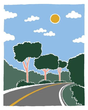 Illustration of a winding road through a forest with a blue sky, fluffy clouds, and a bright sun overhead; vector art landscape.