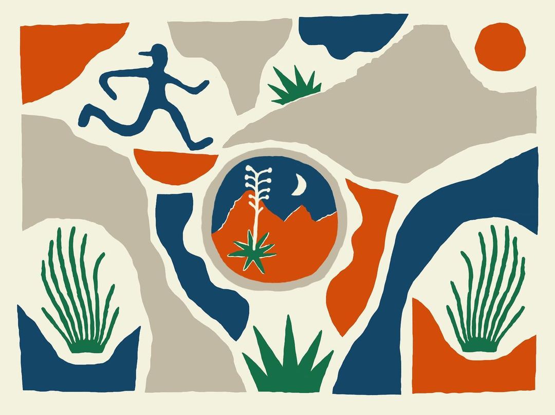 Illustration of a person running in a desert landscape with desert plants, mountains, moon, and sun in an earth-tone color palette.