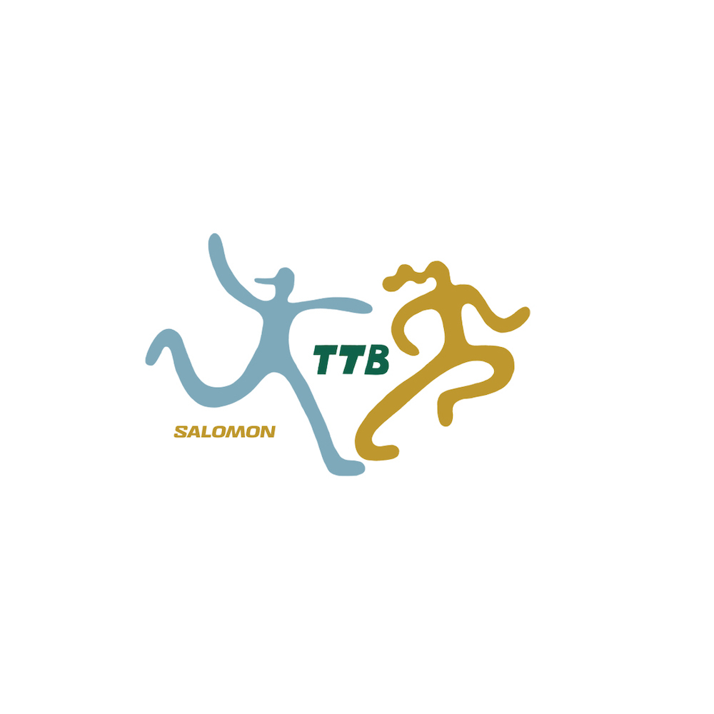 Illustration of two abstract figures running, one in light blue and the other in gold, along with the brand name Salomon and TTB text.