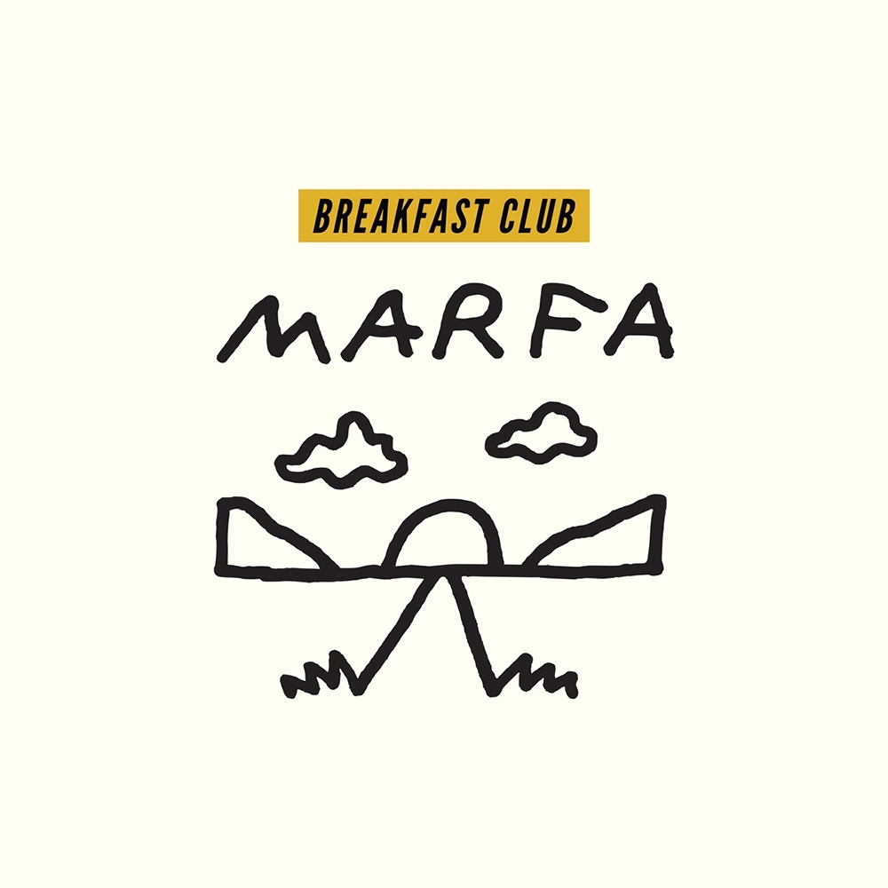 Breakfast Club Marfa illustration on a cream background, featuring mountains, sun, clouds, and stylized text, rendered as a graphic art piece.