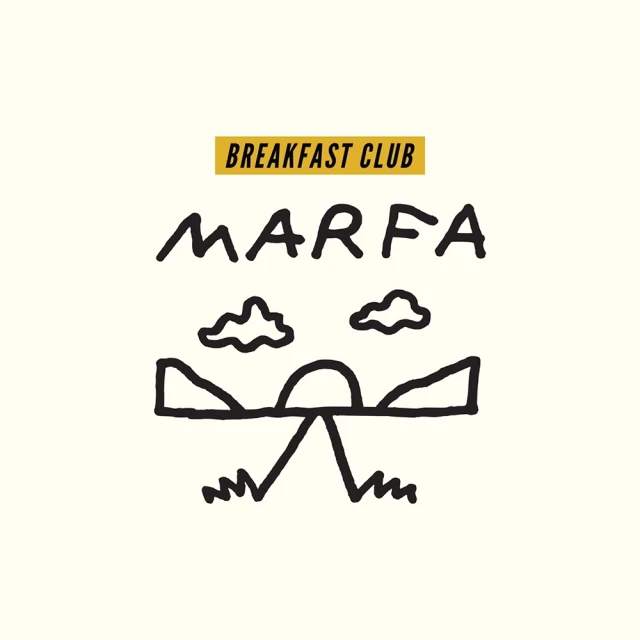 Breakfast Club Marfa illustration on a cream background, featuring mountains, sun, clouds, and stylized text, rendered as a graphic art piece.