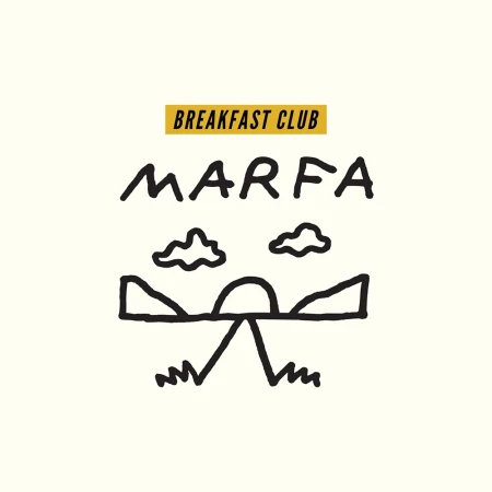 Breakfast Club Marfa illustration on a cream background, featuring mountains, sun, clouds, and stylized text, rendered as a graphic art piece.
