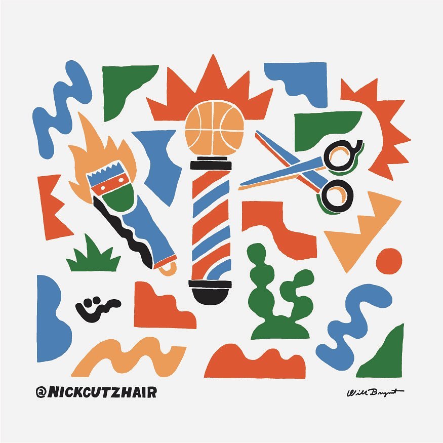Illustration of barber pole, scissors, basketball, and shaving brush with flame, created with geometric shapes on a white background.