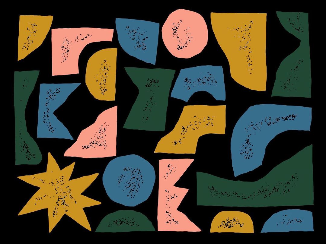 Abstract art with geometric shapes in pink, green, blue, and yellow scattered on a black background creating a modern design.