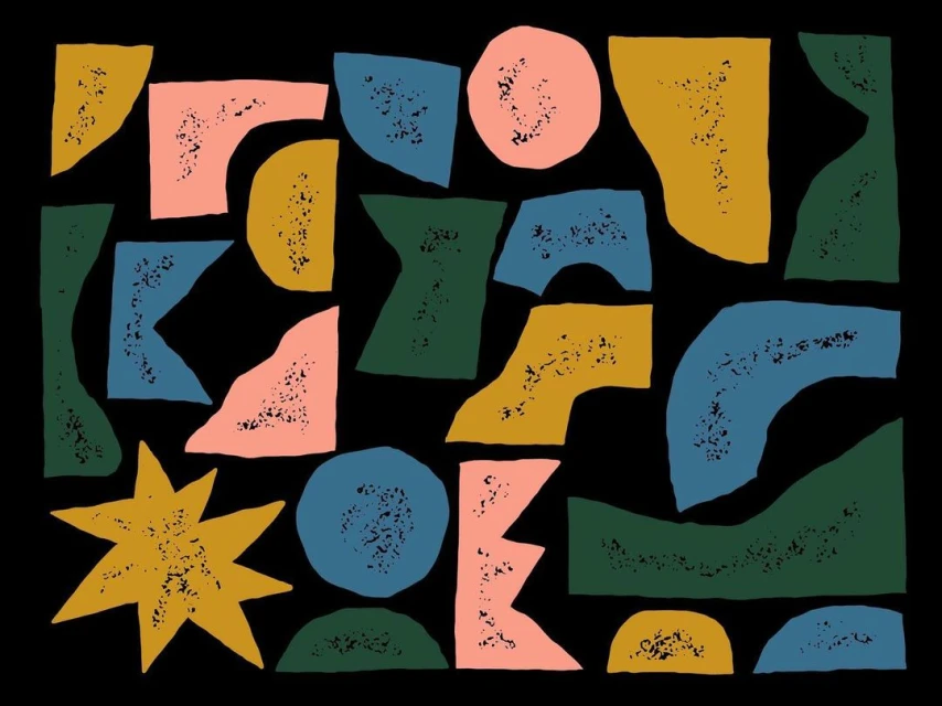 Abstract art with geometric shapes in pink, green, blue, and yellow scattered on a black background creating a modern design.