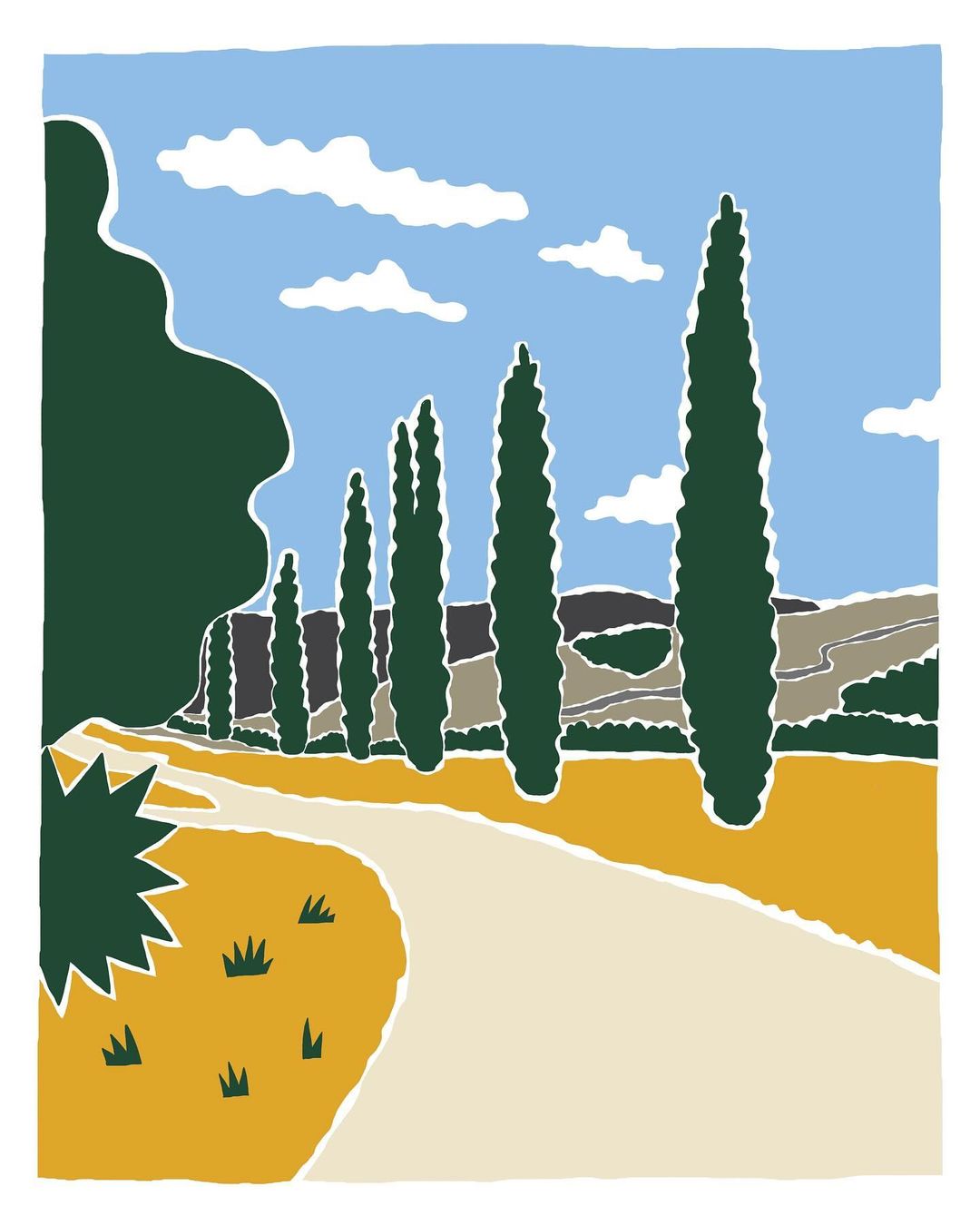 Illustration of a winding road with tall trees under a cloudy sky, set in a stylized landscape art piece.