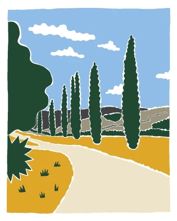 Illustration of a winding road with tall trees under a cloudy sky, set in a stylized landscape art piece.