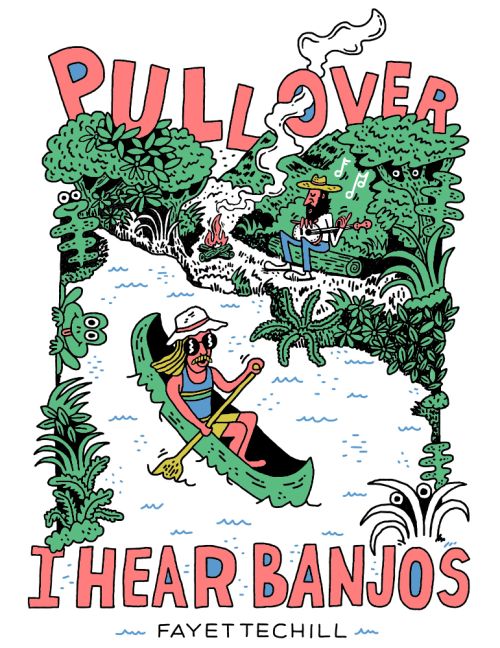 Illustration of a man paddling a canoe on a river, with a musician playing guitar on the riverbank. Cartoon style, featuring outdoor scenery.