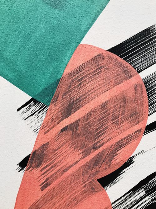 Abstract painting with geometric shapes in teal and salmon intersecting with bold black brush strokes on a textured white background.