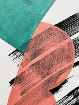 Abstract painting with geometric shapes in teal and salmon intersecting with bold black brush strokes on a textured white background.