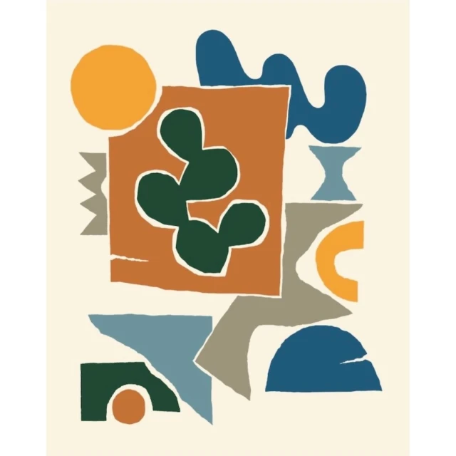 Abstract art featuring geometric shapes in orange, blue, green, and gray against a cream background, creating a modern, minimalist design.