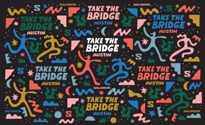 Colorful illustrated pattern featuring running figures, abstract shapes, and Take The Bridge Austin text on a black background.