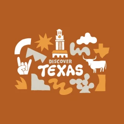 Illustrated graphic featuring white and orange abstract icons, a tower, and text that reads Discover Texas on a terracotta orange background.