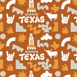Illustration pattern with text reading discover texas, longhorn cattle, hand signs, and abstract shapes by will bryant