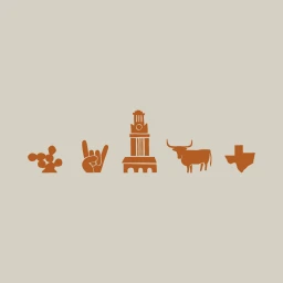 Digital illustration by Will Bryant featuring five terracotta-coloured icons including a cactus, hand sign, tower, longhorn, and state shape.