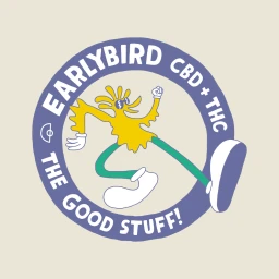 Circular logo illustration featuring a quirky yellow character with green limbs and white shoes inside a purple ring with text