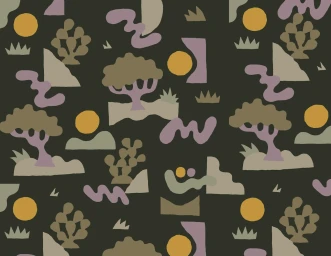 Abstract digital pattern illustration by Will Bryant featuring stylized trees, yellow suns, and organic shapes on dark ground