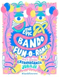 Colorful vertical illustration featuring cartoon typography balloons and pineapple characters by Will Bryant