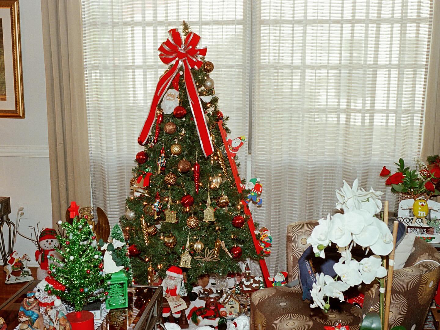 Christmas tree decorated with ornaments, red ribbon, and Santa figure indoors near windows, creating a festive holiday atmosphere.
