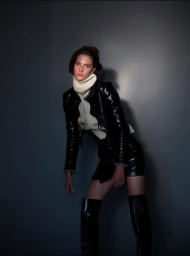 Model wearing a shiny black leather jacket and tall boots with a cream turtleneck sweater against a grey background.
