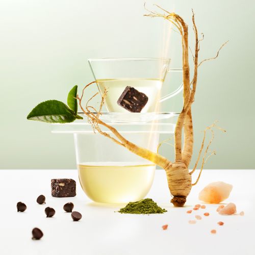 Still life studio shot showcases two clear glass cups filled with light liquid, chocolate pieces, ginseng root, tea leaf, and matcha powder.
