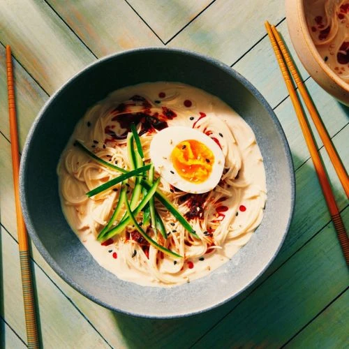 Overhead shot of creamy noodle dish topped with boiled egg and cucumbers served in a grey bowl with wooden chopsticks.